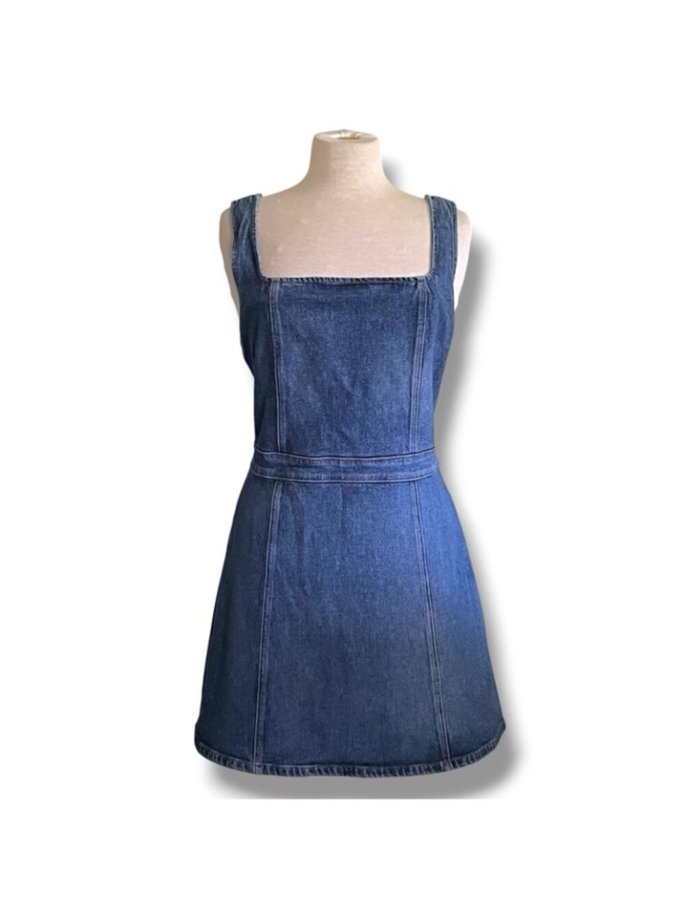Reformation Womens Parker Denim Pinafore Dress Sz 14 Blue Square Neck Minimalist - Picture 3 of 12